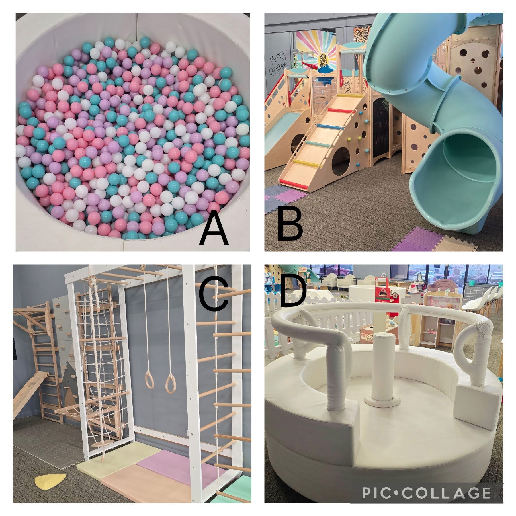 Ball pit, climbing structure, gym rings and toddler ride